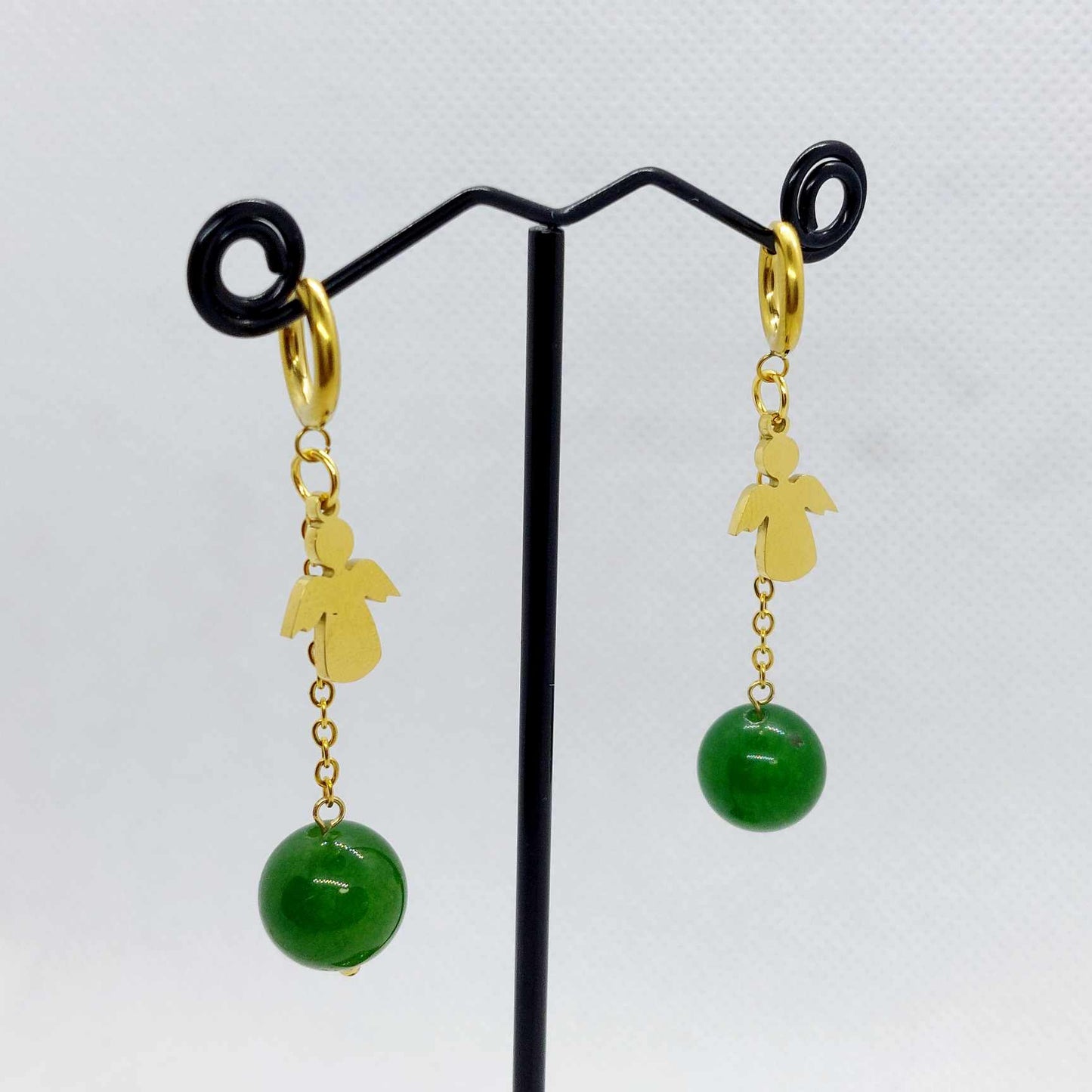 Natural Hetian Jade with Angel Dangle Earrings in Gold Plated Stainless Steel