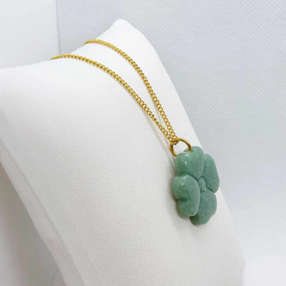 Natural Burmese Jade Clover Pendant with Gold Plated Stainless Steel Chain Necklace