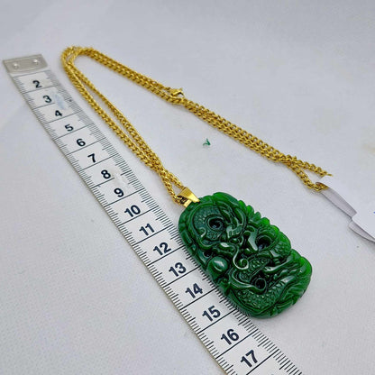 Natural Hetian Jade Dragon Pendant with Gold Plated Stainless Steel Chain Necklace