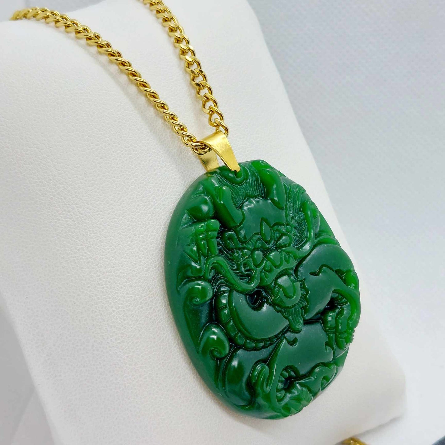 Natural Hetian Jade Dragon Pendant with Gold Plated Stainless Steel Chain Necklace