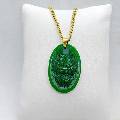 Natural Hetian Jade Dragon Pendant with Gold Plated Stainless Steel Chain Necklace