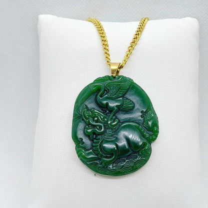 Natural Hetian Jade Dragon Pendant with Gold Plated Stainless Steel Chain Necklace