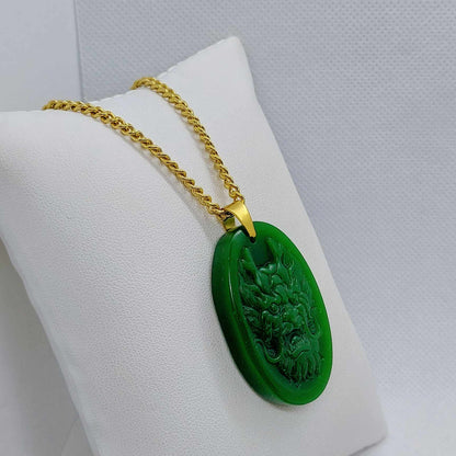 Natural Hetian Jade Dragon Pendant with Gold Plated Stainless Steel Chain Necklace