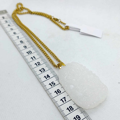 Natural White Hetian Jade Dragon Pendant with Gold Plated Stainless Steel Chain Necklace