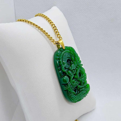 Natural Hetian Jade Dragon Pendant with Gold Plated Stainless Steel Chain Necklace