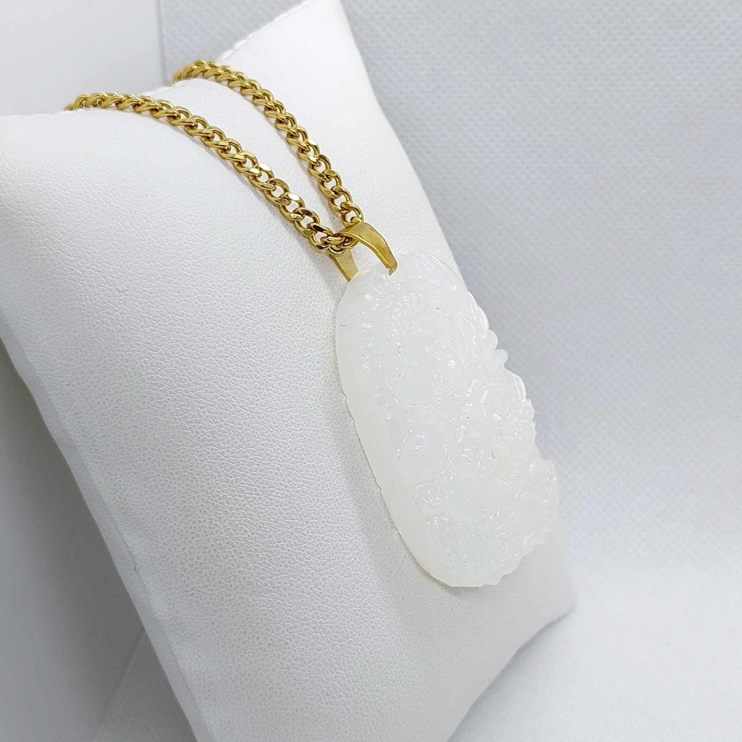 Natural White Hetian Jade Dragon Pendant with Gold Plated Stainless Steel Chain Necklace