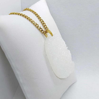 Natural White Hetian Jade Dragon Pendant with Gold Plated Stainless Steel Chain Necklace