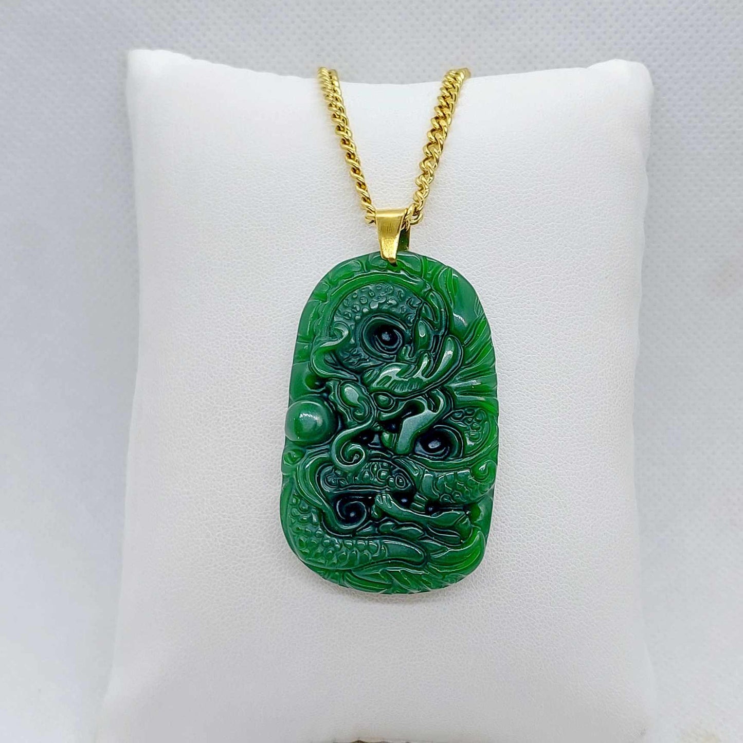 Natural Hetian Jade Dragon Pendant with Gold Plated Stainless Steel Chain Necklace