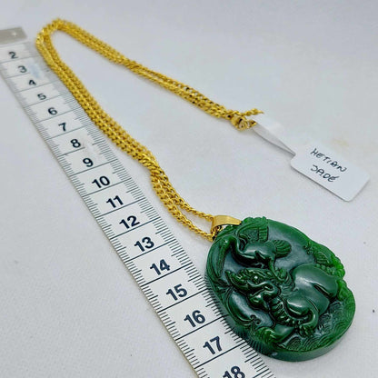 Natural Hetian Jade Dragon Pendant with Gold Plated Stainless Steel Chain Necklace
