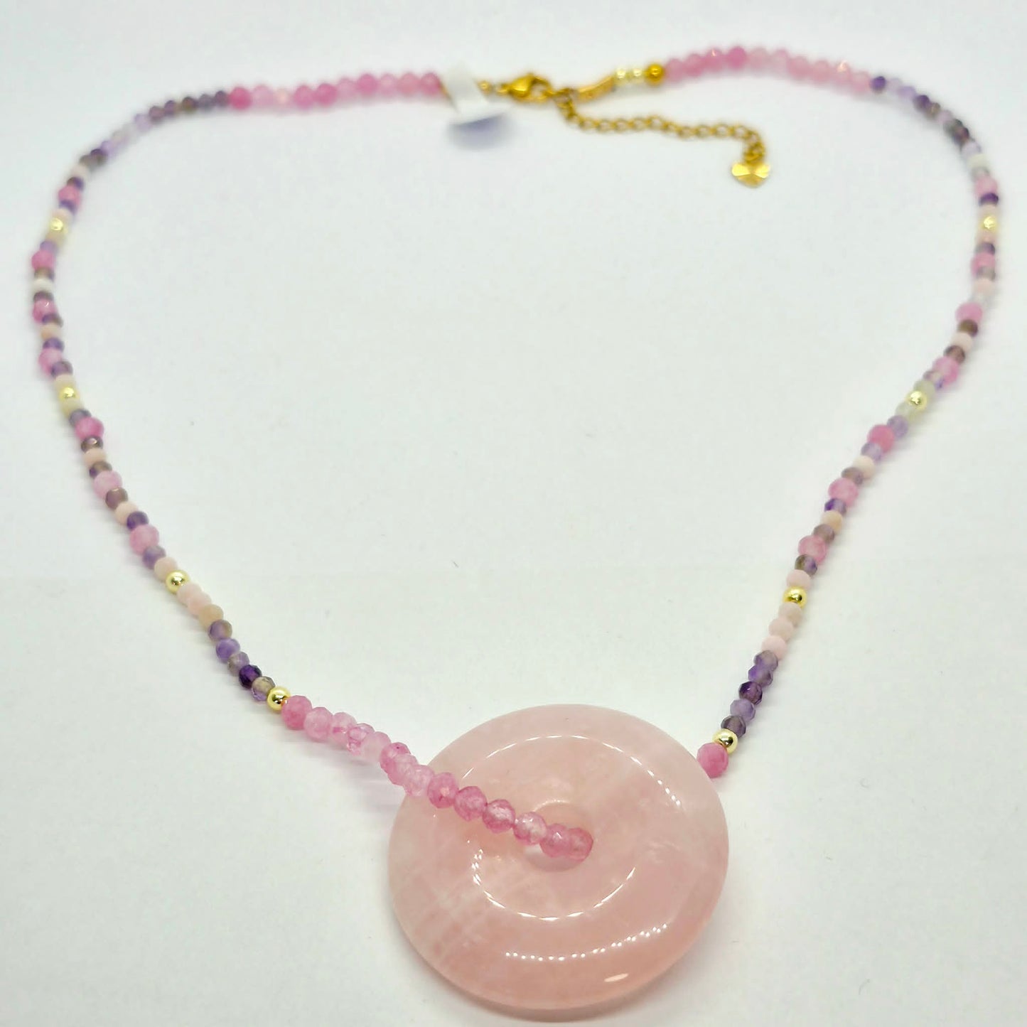 Natural Rose Quartz Donut Pendant with Amethyst and Rose Quartz Beaded Necklace