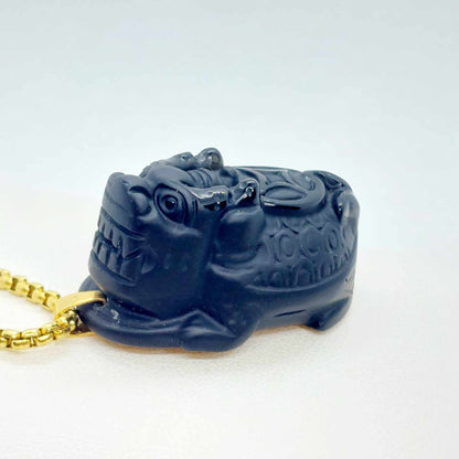 Natural Obsidian Dragon Turtle Pendant with Gold Plated Stainless Steel Chain Necklace