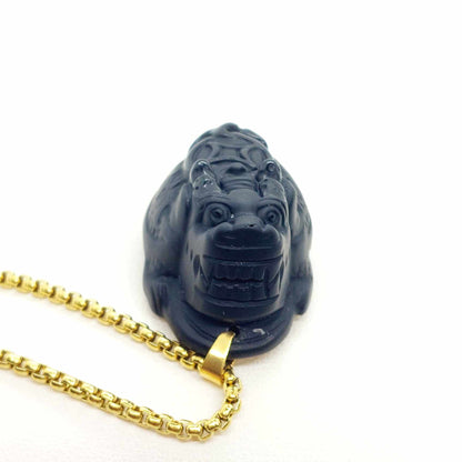 Natural Obsidian Dragon Turtle Pendant with Gold Plated Stainless Steel Chain Necklace