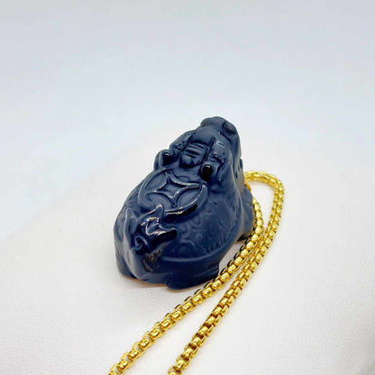Natural Obsidian Dragon Turtle Pendant with Gold Plated Stainless Steel Chain Necklace