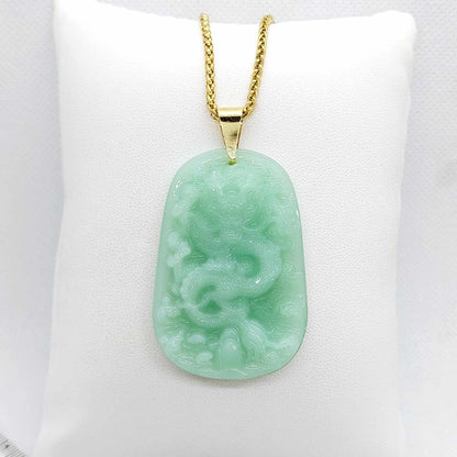 Natural Hetian Jade Dragon Pendant with Gold Plated Stainless Steel Chain Necklace