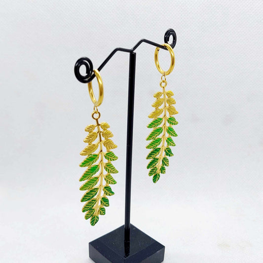 Fern Leaf on Hoop Earrings in Gold Plated Stainless Steel