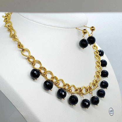 Natural Faceted Black Onyx Necklace and Earrings Set with 10mm Stones