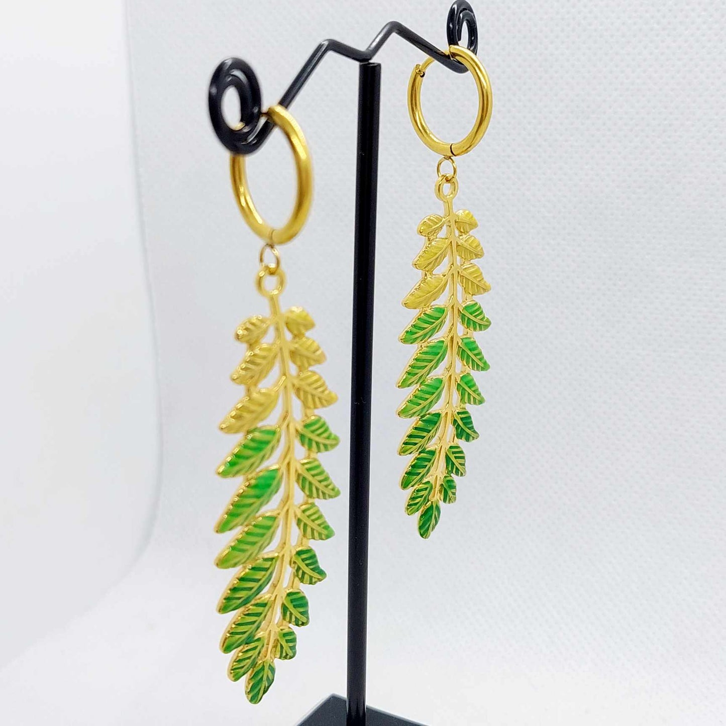 Fern Leaf on Hoop Earrings in Gold Plated Stainless Steel