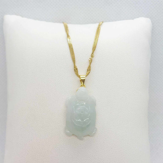 Natural Burmese Jade Turtle Pendant with Gold Plated Stainless Steel Chain Necklace
