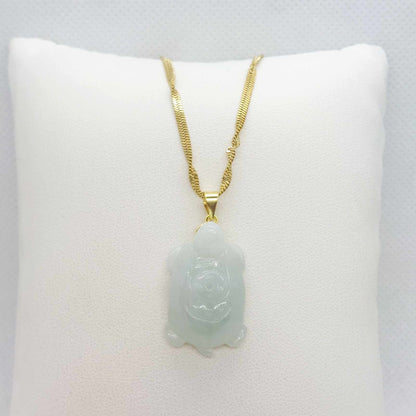 Natural Burmese Jade Turtle Pendant with Gold Plated Stainless Steel Chain Necklace