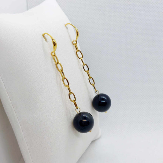 Natural Obsidian Dangle Earrings in Gold Plated Stainless Steel