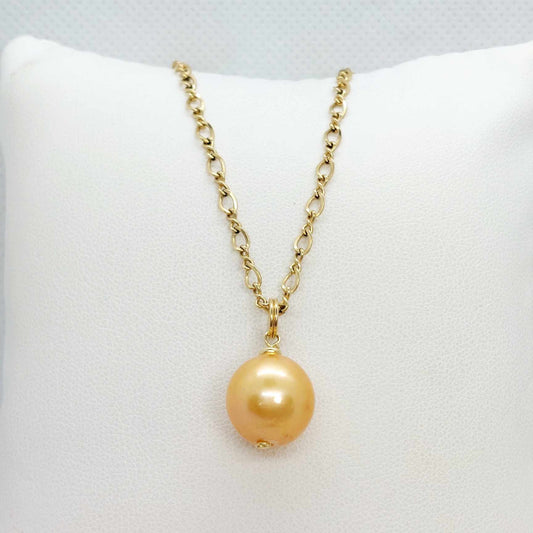 Natural Golden 13mm Pearl Pendant with solid 10K Gold Chain Necklace