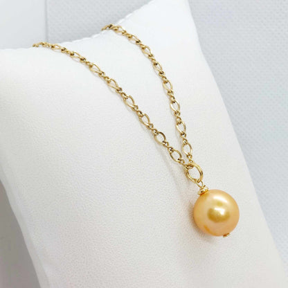 Natural Golden 13mm Pearl Pendant with solid 10K Gold Chain Necklace