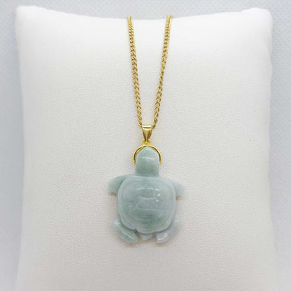 Natural Jadeite Turtle Pendant with Gold Plated Stainless Steel Chain Necklace