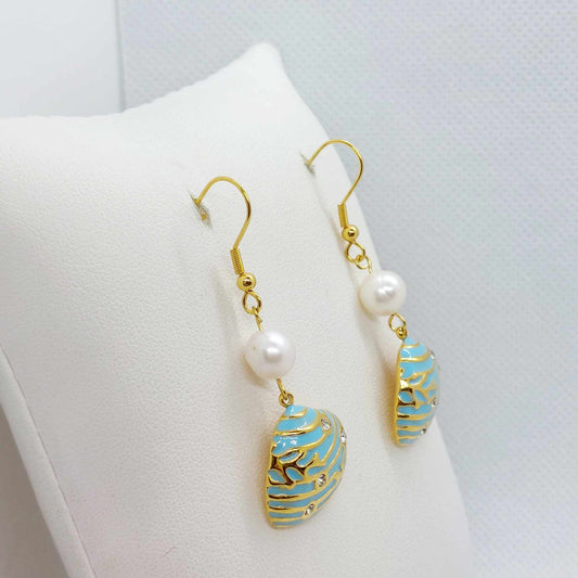 Natural Pearl Dangle Earrings with Enamel Pearl in Gold Plated Stainless Steel