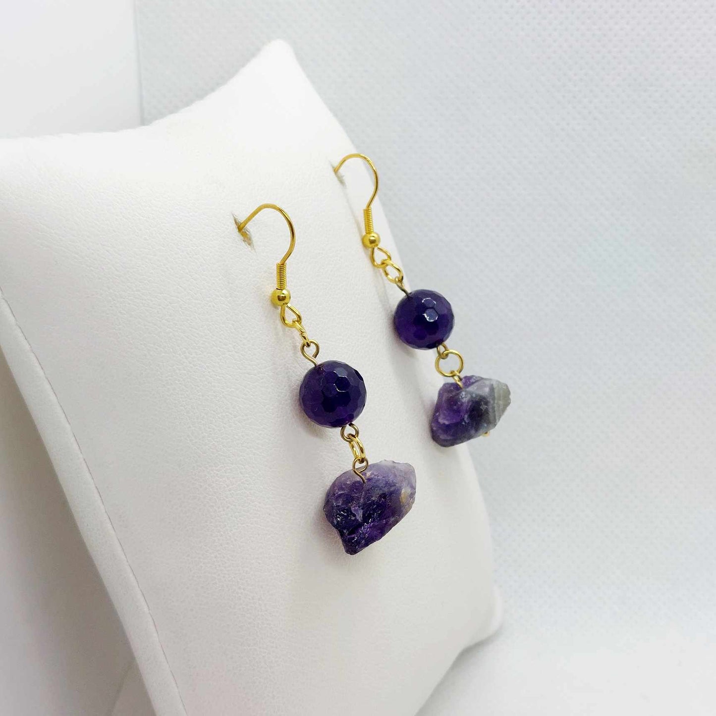 Natural Amethyst Dangle Stud Earrings in Gold Plated Stainless Steel