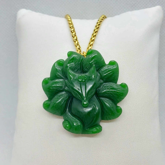 Natural Hetian Jade Nine Tailed Fox Pendant with Gold Plated Stainless Steel Chain Necklace