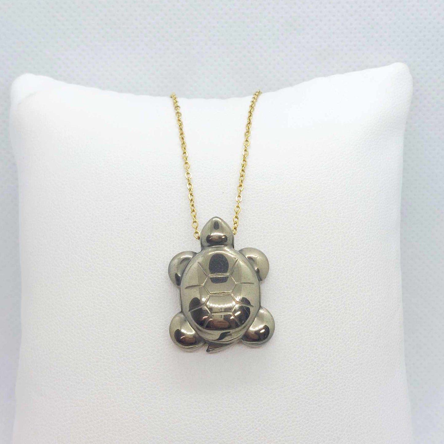 Natural Pyrite Turtle Pendant with Gold Plated Stainless Steel Chain Necklace