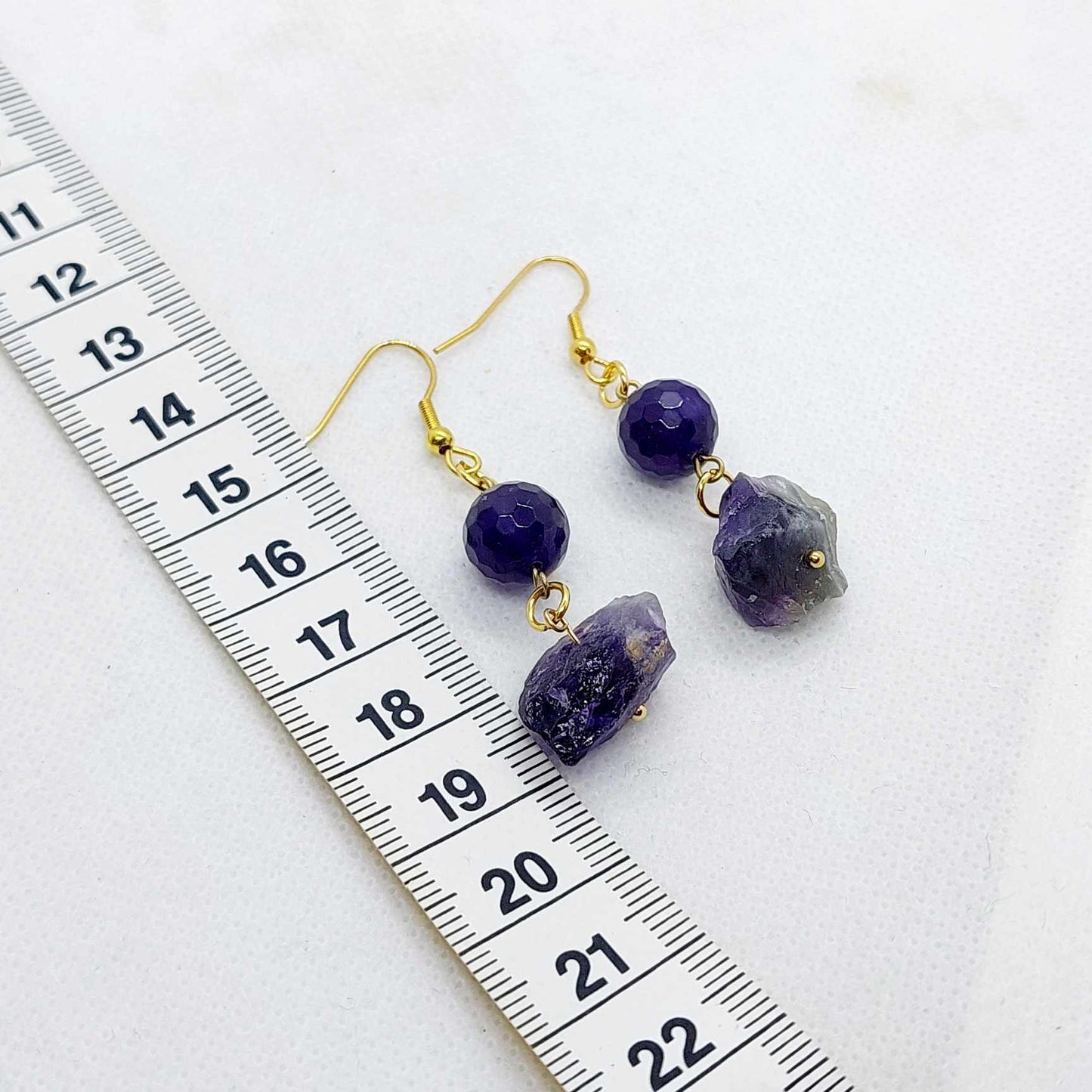 Natural Amethyst Dangle Stud Earrings in Gold Plated Stainless Steel