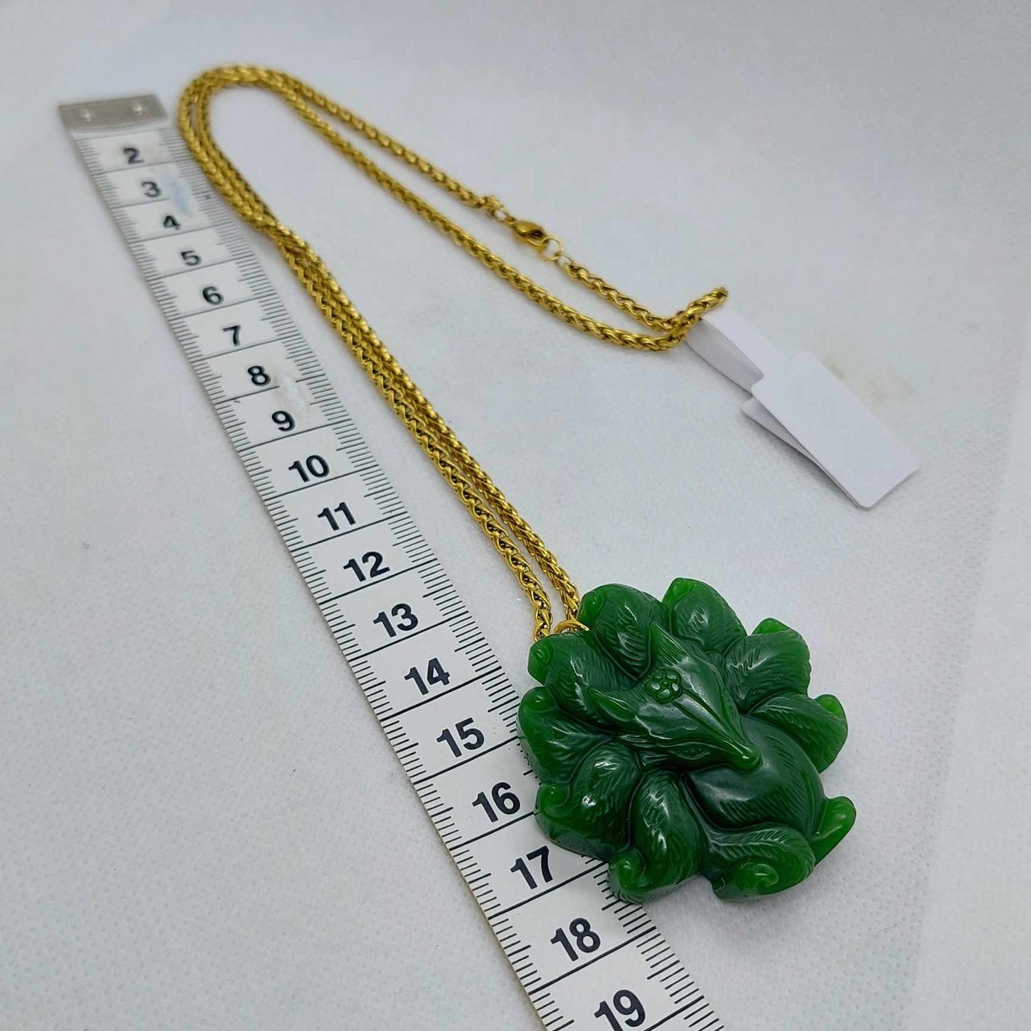 Natural Hetian Jade Nine Tailed Fox Pendant with Gold Plated Stainless Steel Chain Necklace