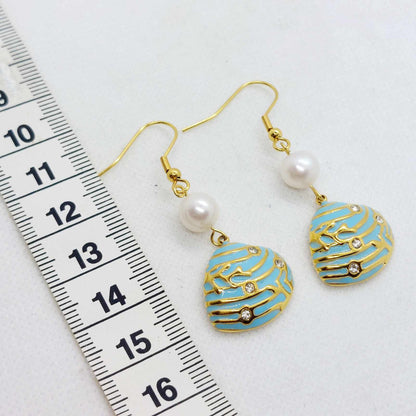 Natural Pearl Dangle Earrings with Enamel Pearl in Gold Plated Stainless Steel