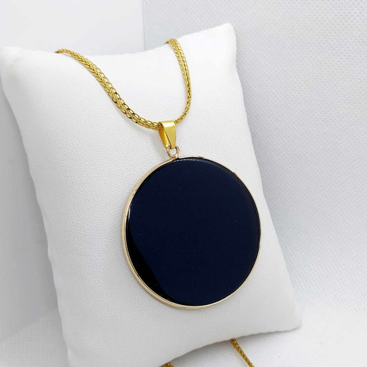 Natural Obsidian Amulet Pendant with Gold Plated Stainless Steel Chain Necklace