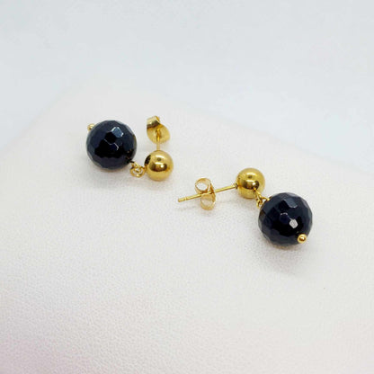 Natural Faceted Black Onyx Necklace and Earrings Set with 10mm Stones