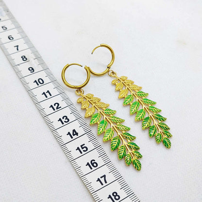 Fern Leaf on Hoop Earrings in Gold Plated Stainless Steel
