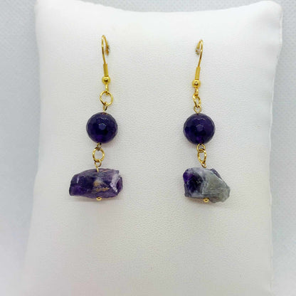 Natural Amethyst Dangle Stud Earrings in Gold Plated Stainless Steel
