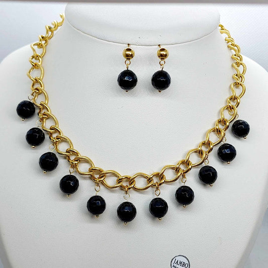 Natural Faceted Black Onyx Necklace and Earrings Set with 10mm Stones