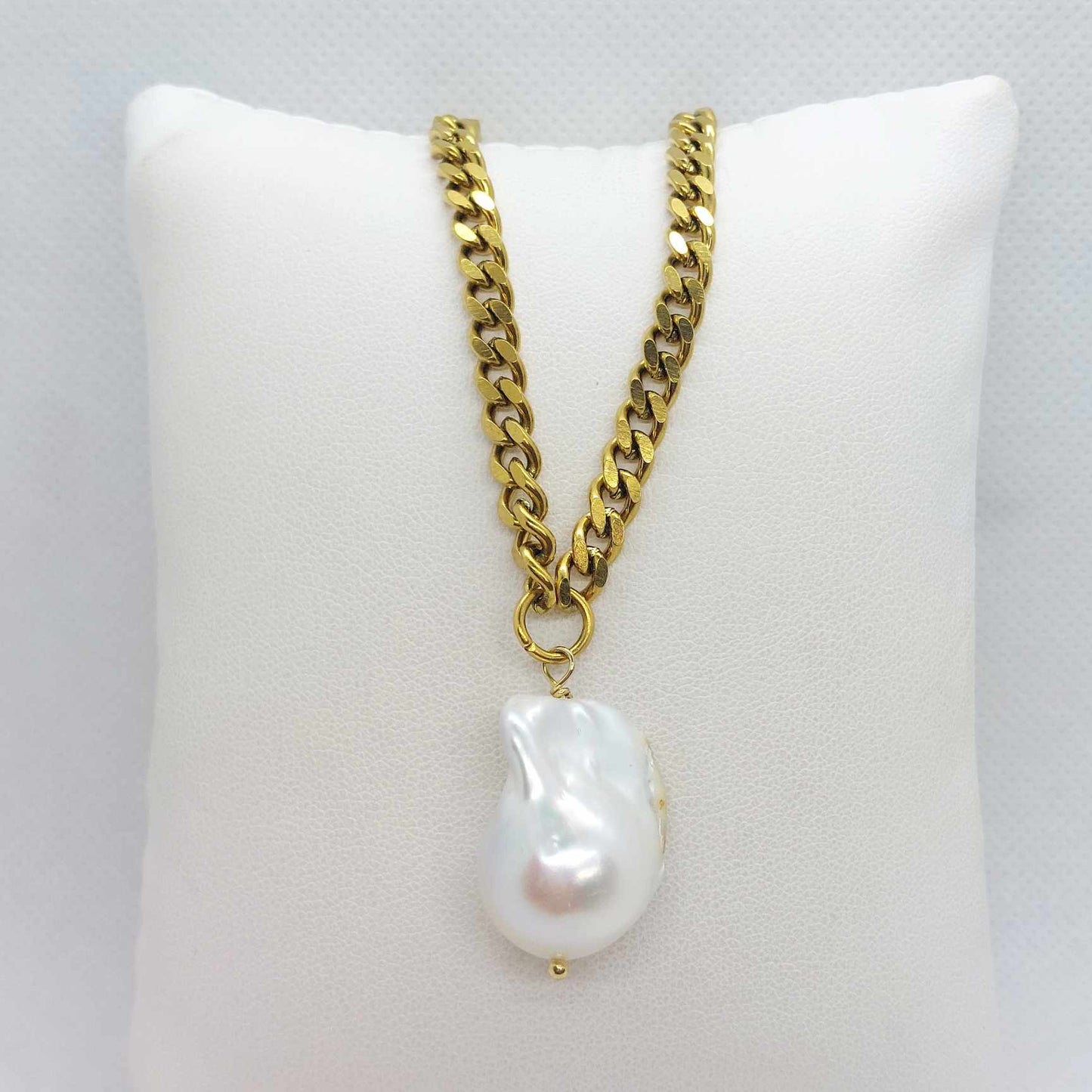 Natural Baroque Pearl Pendant with thick Stainless Steel Gold Plated Chain Necklace