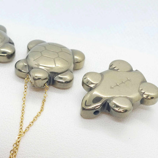 Natural Pyrite Turtle Pendant with Gold Plated Stainless Steel Chain Necklace
