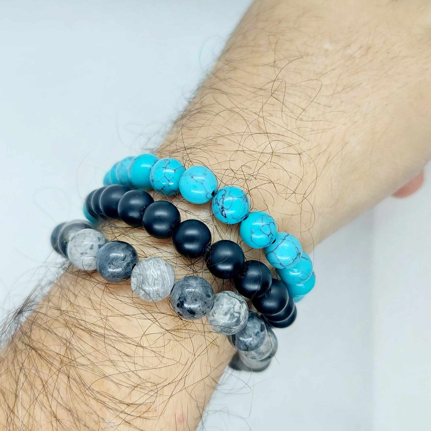 Natural Stone Combo Bracelet with Turquoise, Obsidian and Jasper in 8mm stones