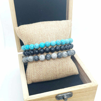 Natural Stone Combo Bracelet with Turquoise, Obsidian and Jasper in 8mm stones