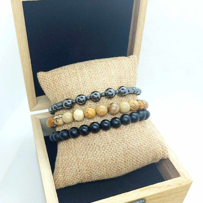 Natural Stone Combo Bracelet with Hematite, Obsidian and Picture Jasper in 8mm stones