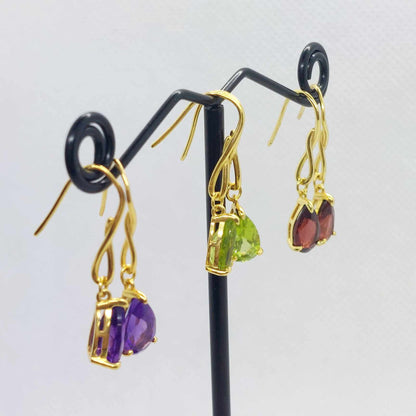 Natural Stone Dangle Earrings with Amethyst, Garnet or Peridot in Sterling Silver Gold Plated