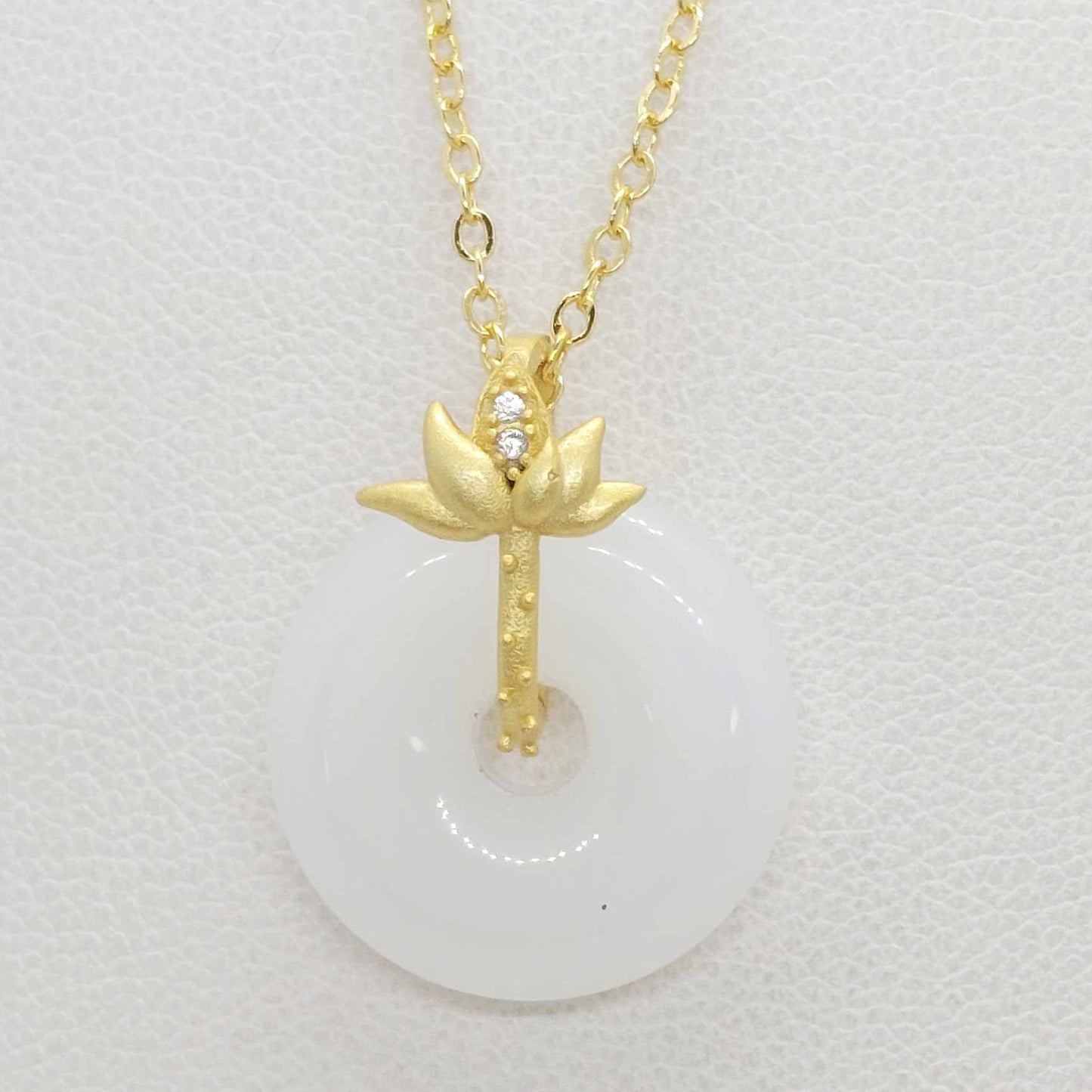 Natural White Hetian Jade Donut Pendant with Gold Plated Stainless Steel Chain Necklace