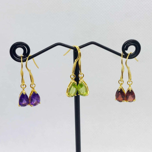 Natural Stone Dangle Earrings with Amethyst, Garnet or Peridot in Sterling Silver Gold Plated
