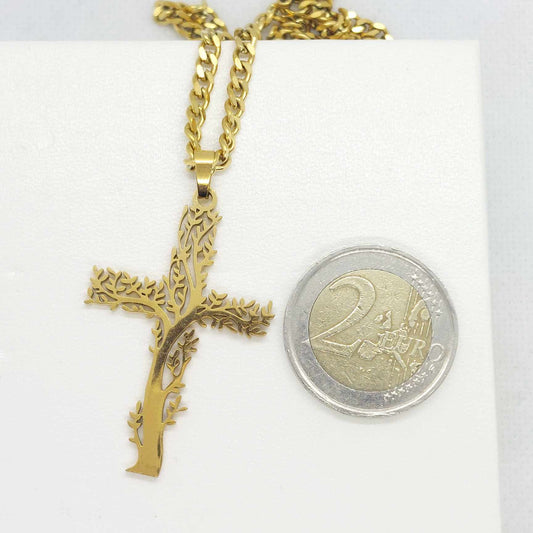 Tree of Life Cross Pendant Necklace in Stainless Steel Gold Plated