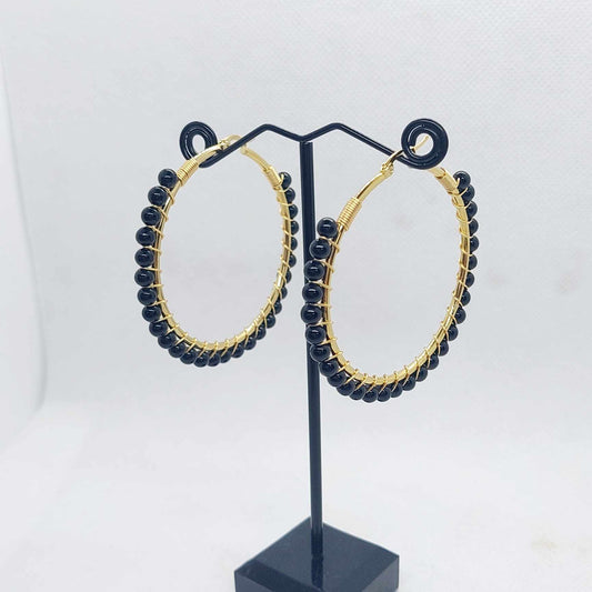 Natural Obsidian Big Hoop Earrings in Stainless Steel Gold Plated