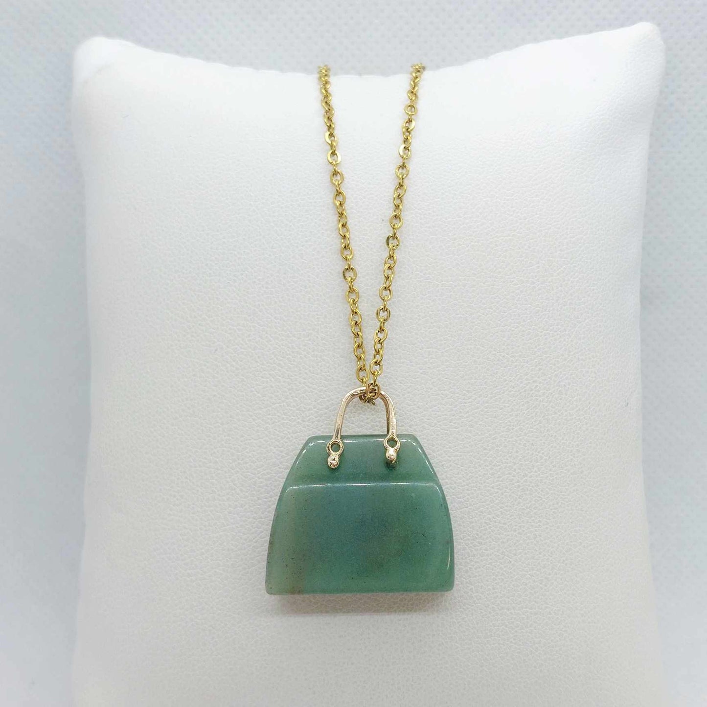 Natural Green Aventurine Handbag Pendant with Gold Plated Stainless Steel Chain Necklace